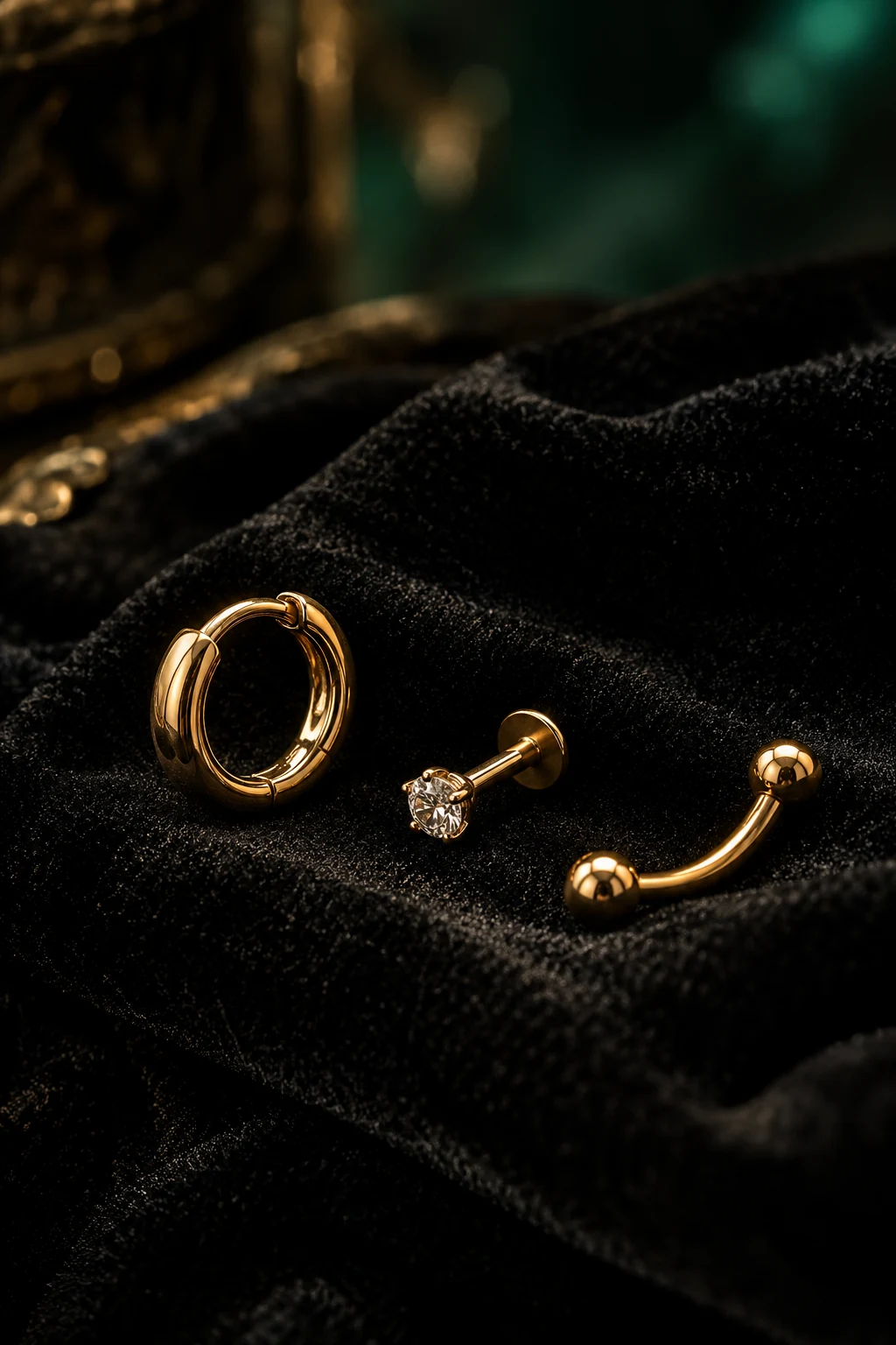 Visuel d’inspiration généré : sélection de bijoux de piercing sur fond sombre.