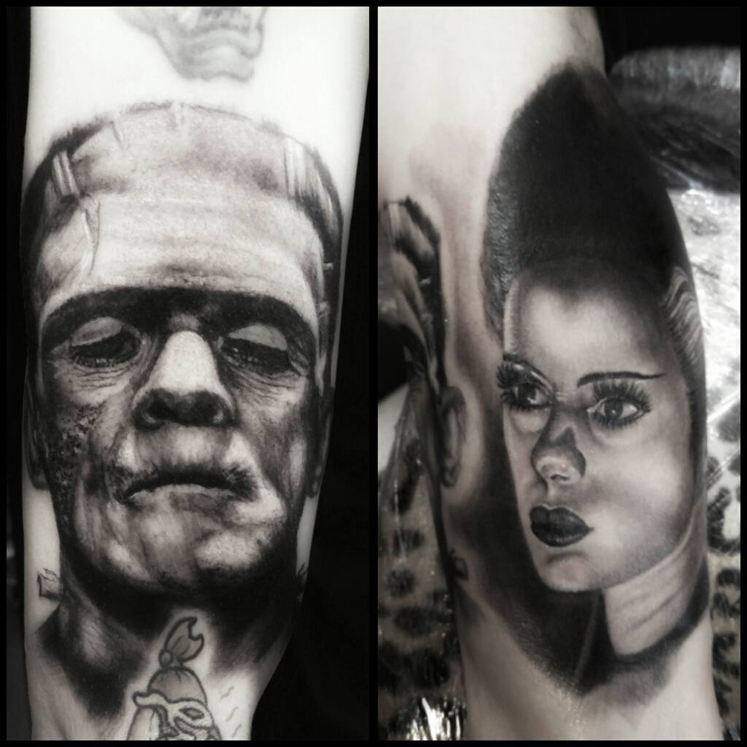 Photographies originales de tatouages de Frankenstein et de sa fiancée, en noir et gris.