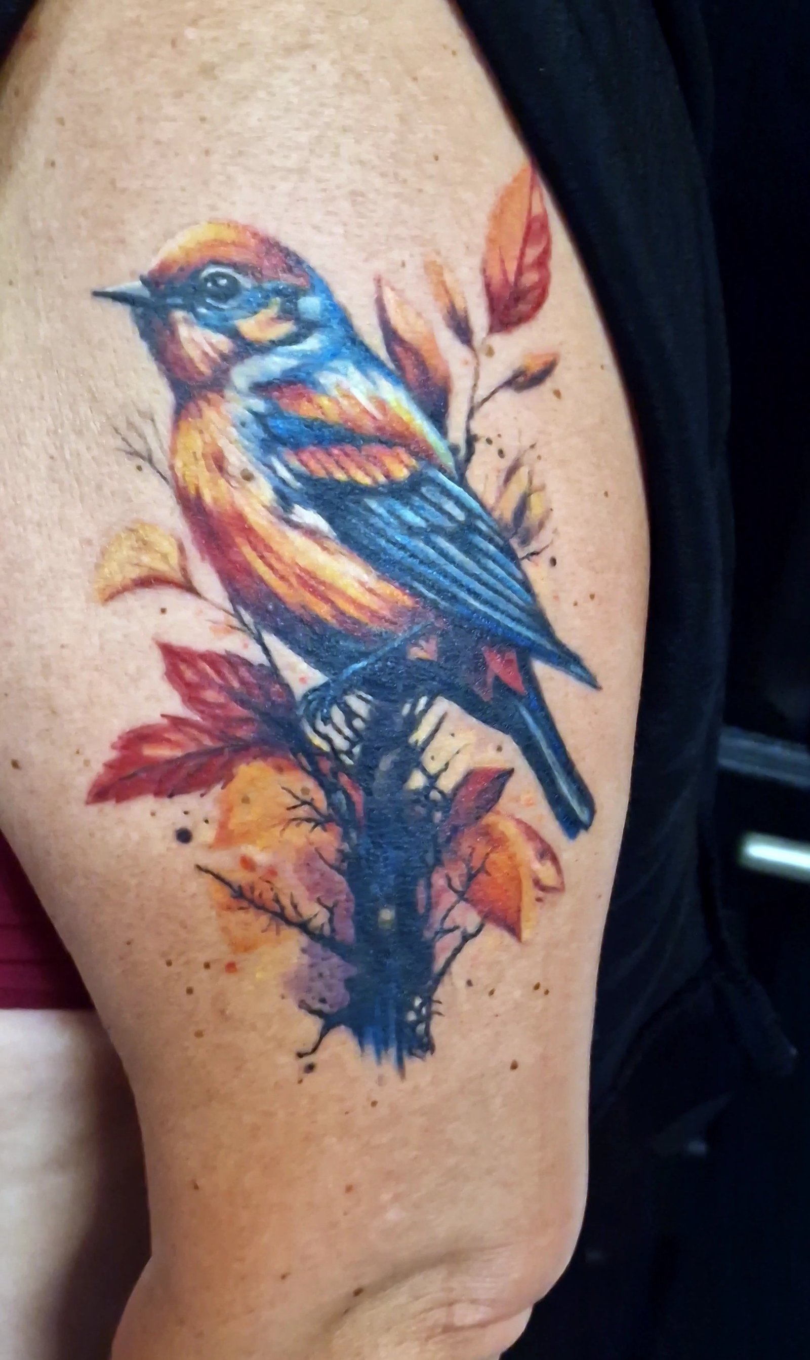 Tatouage original d’un oiseau aux couleurs bleues et orangées.